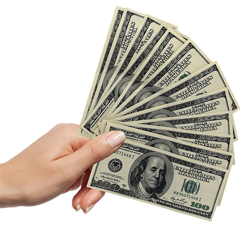 Hand holding a fan of $100 bills